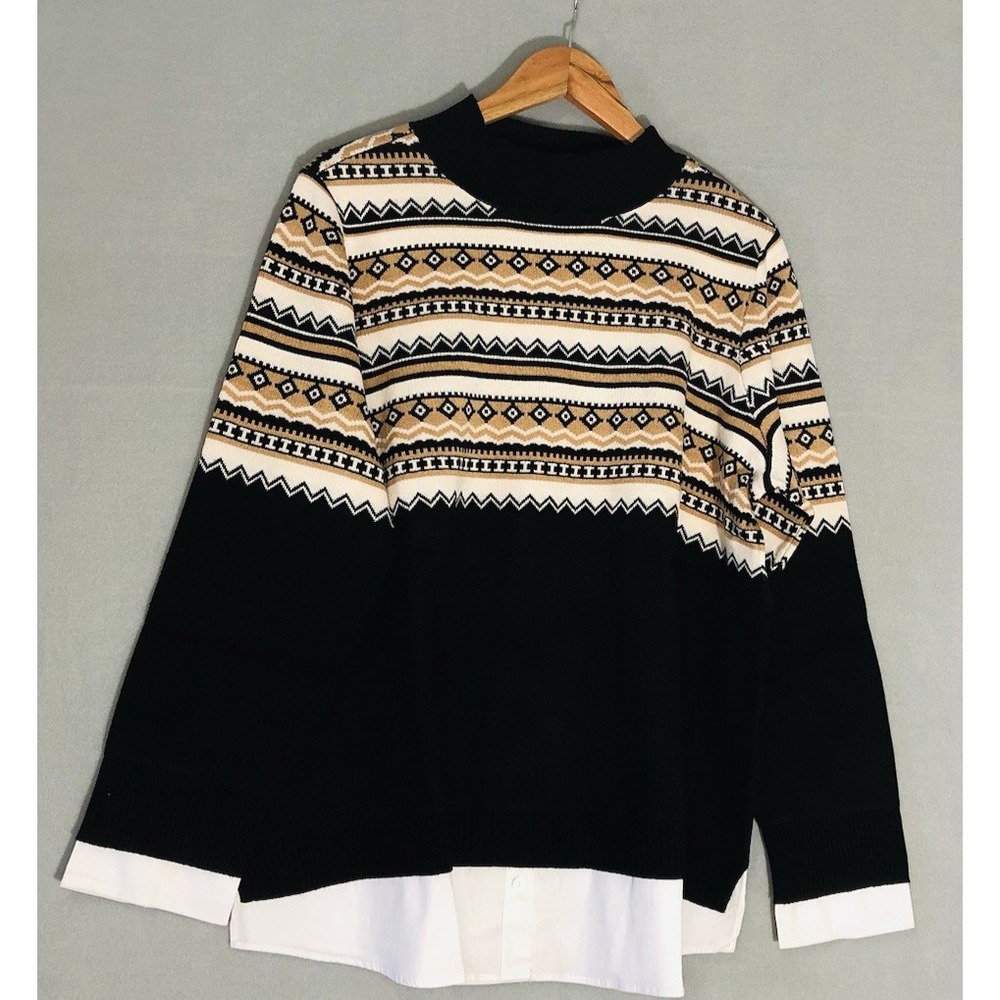 Isaac Mizrahi Live! - Mock-Neck Fair Isle Jacquard Sweater Top - Black NEW